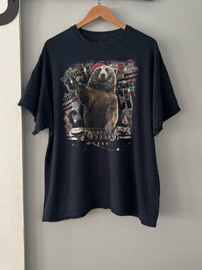 Relaxed Black Short-Sleeve Tee with DJ Bear Graphic